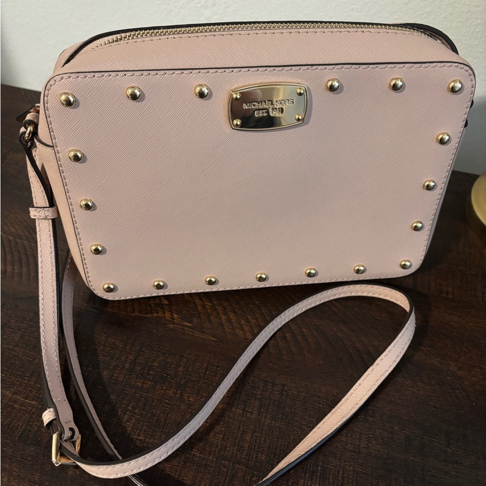 Michael Kors Sandrine Blush Crossbody Bag with Gold Studs